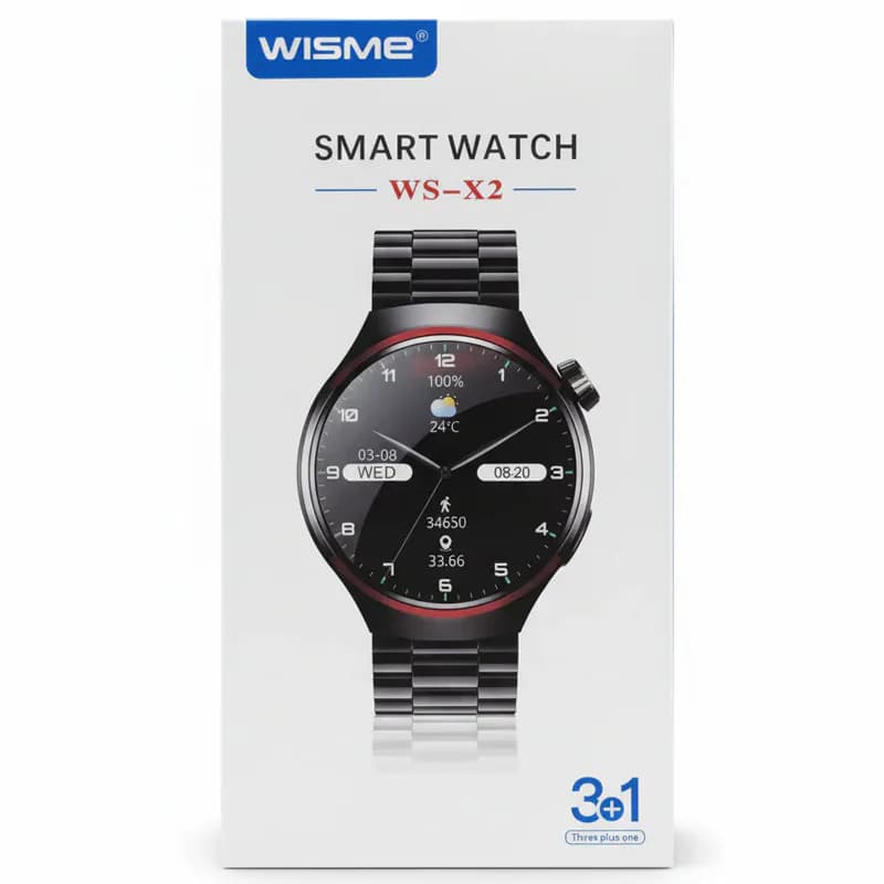 طرح روی جعبه ساعت هوشمند WS-X2 با تصویر مدل مشکی و بند فلزی و نمایش ساعت روی صفحه