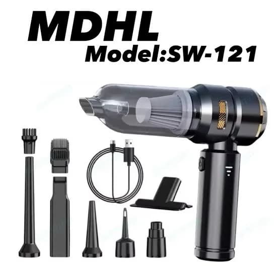 جارو شارژی MDHL SW-121 به‌همراه نازل‌ها، برس‌ها، پایه نگهدارنده و کابل شارژ USB با نوشته MDHL Model:SW-121