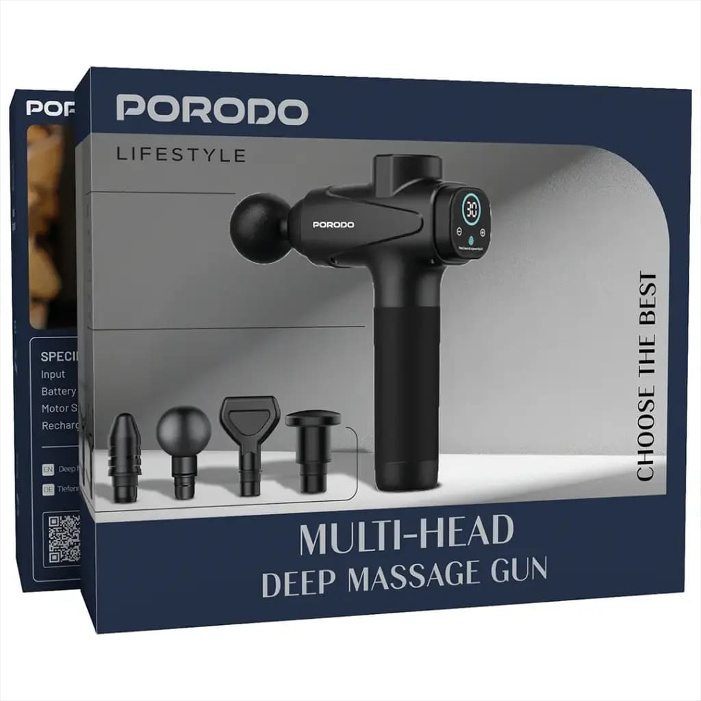 جعبه سرمه‌ای Porodo Lifestyle با نوشته Multi-Head Deep Massage Gun؛ روی طرح جعبه دستگاه به‌همراه ۴ سر ماساژ قابل تعویض چاپ شده است: گلوله‌ای، مخروطی شیاردار، دوشاخه U و تخت.