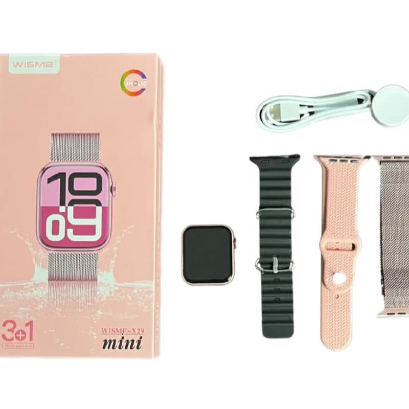 محتویات بسته ویسمی X29 Mini شامل ساعت، سه بند سیلیکونی و فلزی و کابل شارژ مغناطیسی