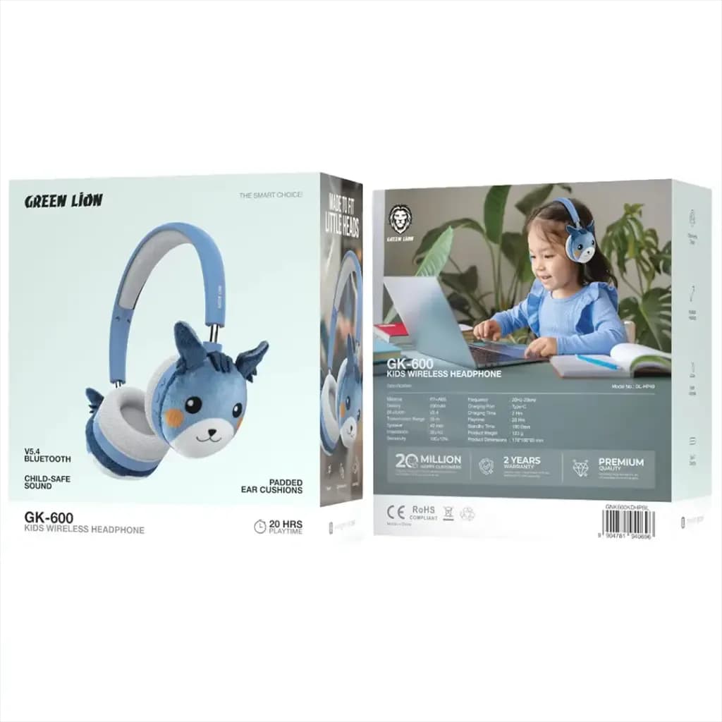 جعبه هدفون کودک Green Lion GK-600 از جلو و پشت؛ روی جلوی جعبه تصویر هدفون آبی و عبارت‌های بلوتوث V5.4 و ۲۰ ساعت پخش، و روی پشت جعبه عکس کودک و جدول مشخصات