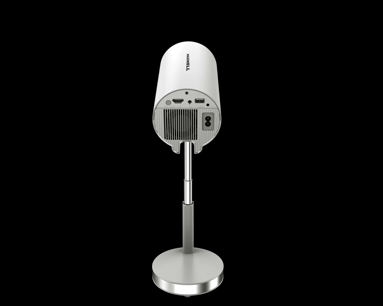 نمای پشت پروژکتور روی پایه؛ پنل درگاه‌ها با برچسب POWER، HD، AV، USB و IR و ورودی برق