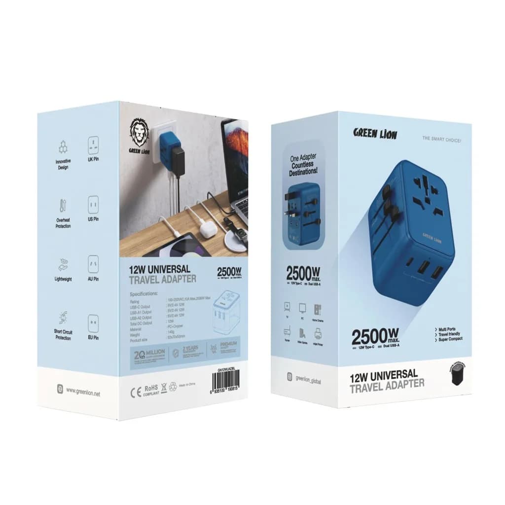 نمای درگاه‌های USB مبدل برق مسافرتی Green Lion 12W