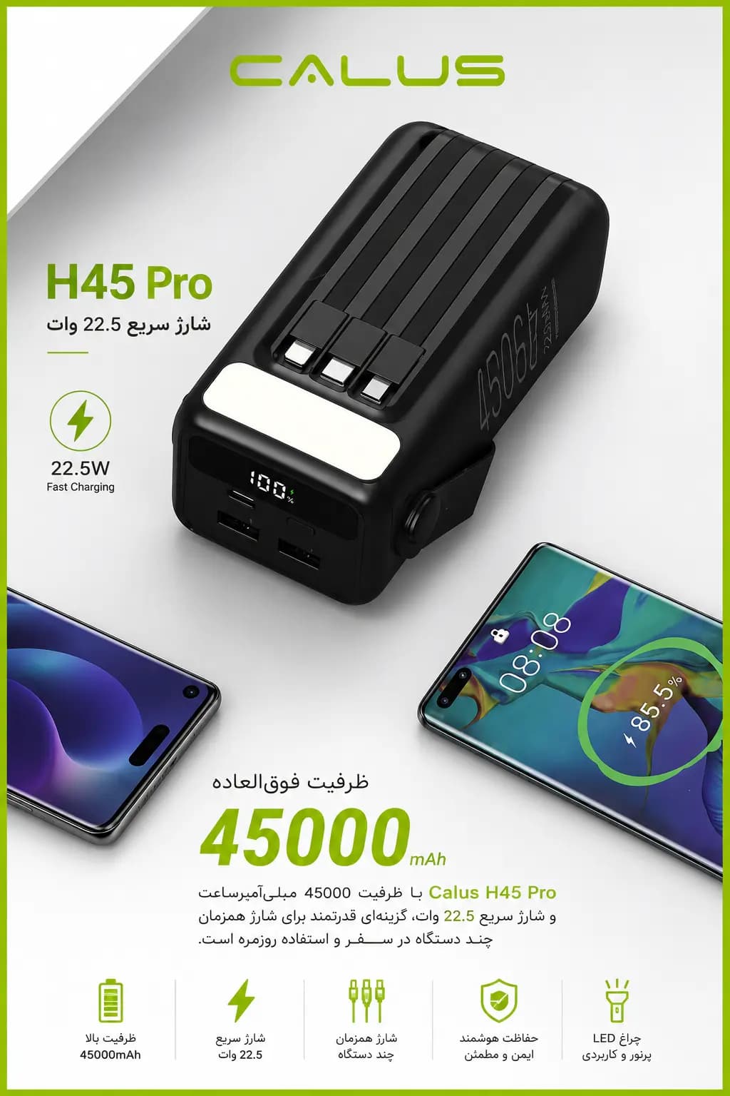 پاوربانک Calus ظرفیت 45000mAh | فست شارژ 22.5 وات کالوس — نمای ۲
