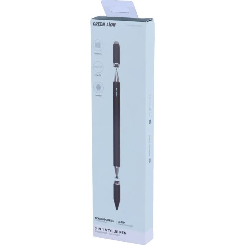 جعبه GL-PEN7 از نمای زاویه‌دار؛ ستون آیکن‌های Windows و macOS و Android در سمت چپ پنل جلو و عنوان TOUCHSCREEN COMPATIBILITY و 3-TIP FUNCTIONALITY در پایین آن