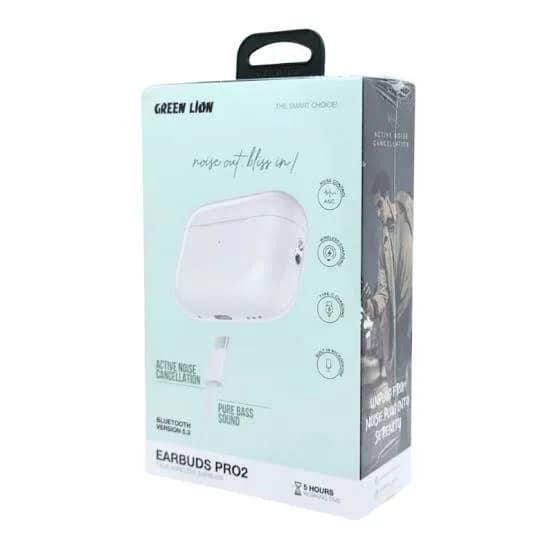 عکس واقعی جعبه هندزفری گرین لاین Earbuds Pro2 با زمینه سبز نعنایی و آویز بالای بسته؛ تصویر کیس شارژ سفید روی جلد جعبه چاپ شده است.