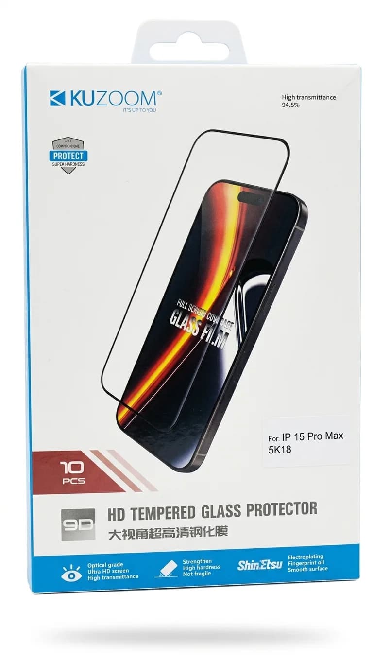 جعبه گلس کوزوم مدل 5K18 با عنوان 9D HD Tempered Glass Protector، درج High transmittance 94.5% و برچسب سازگاری For: IP 15 Pro Max