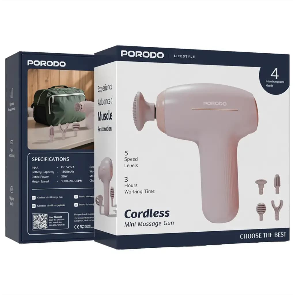 جعبه خرده‌فروشی ماساژور Porodo Lifestyle از دو نما؛ روی وجه پشتی جدول مشخصات با ورودی ۵ ولت و ۲ آمپر، باتری ۱۳۰۰ میلی‌آمپرساعت، توان ۳۰ وات و سرعت ۱۶۰۰ تا ۲۸۰۰ دور در دقیقه چاپ شده است