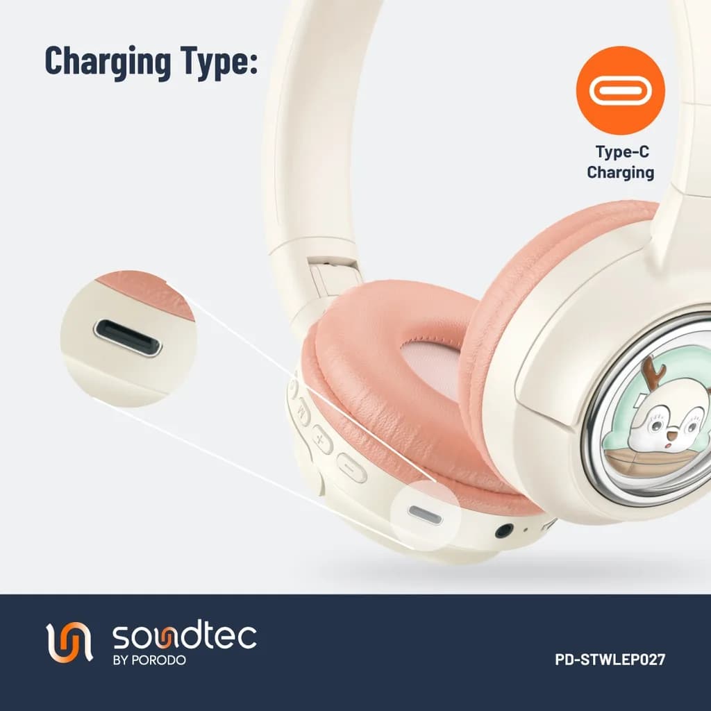بزرگ‌نمایی درگاه شارژ USB Type-C روی بدنه کرمی هدفون کودک Porodo Moose