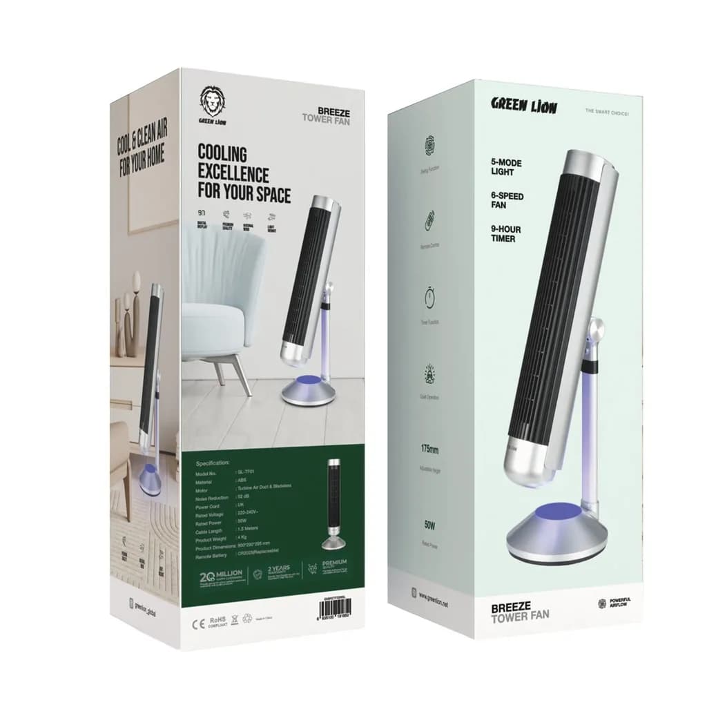 پنکه ایستاده Green Lion Breeze Tower Fan مدل GNBRZTF50WSL رنگ نقره‌ای