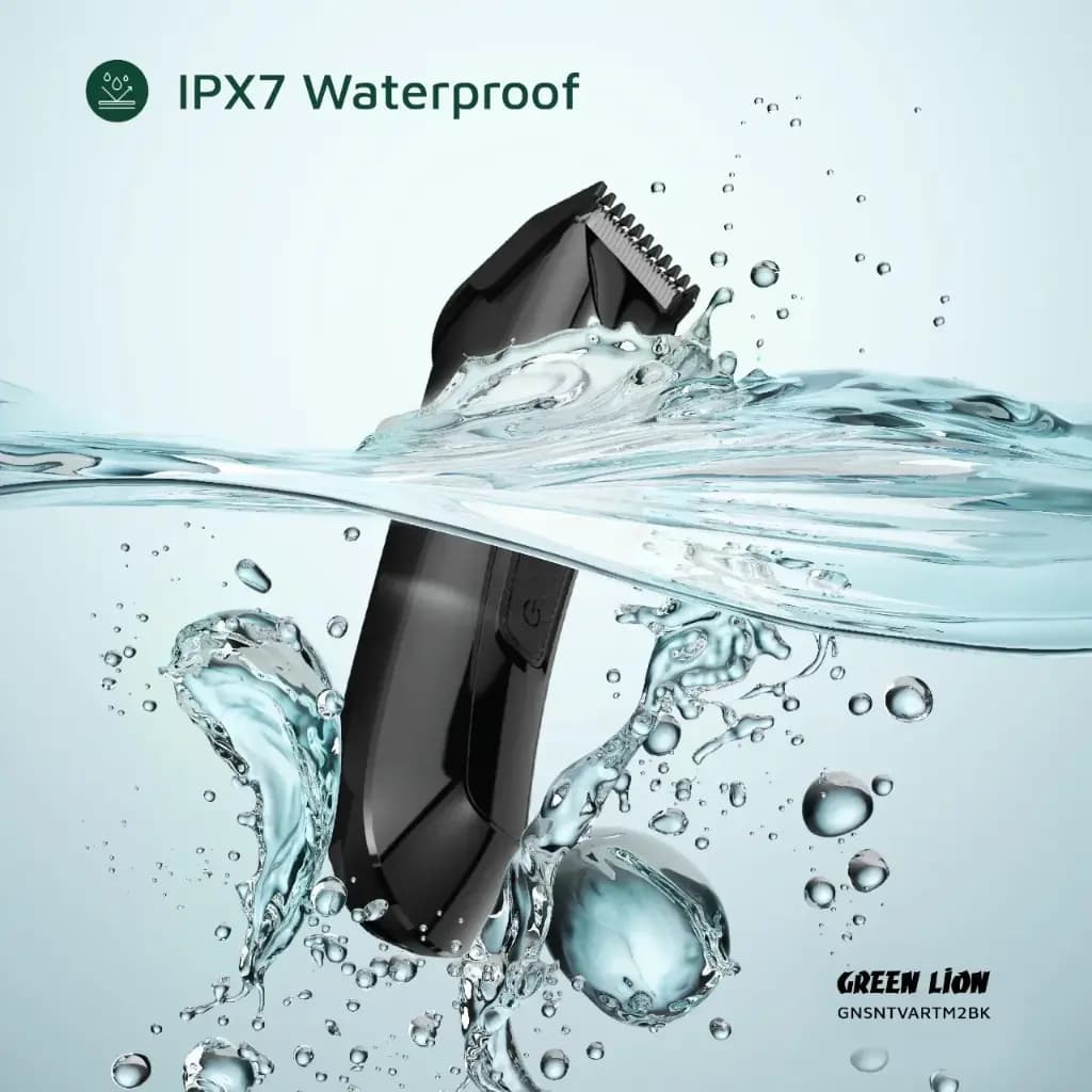 بدنه ماشین اصلاح در حال فرورفتن در آب، همراه با نشان استاندارد ضدآب IPX7