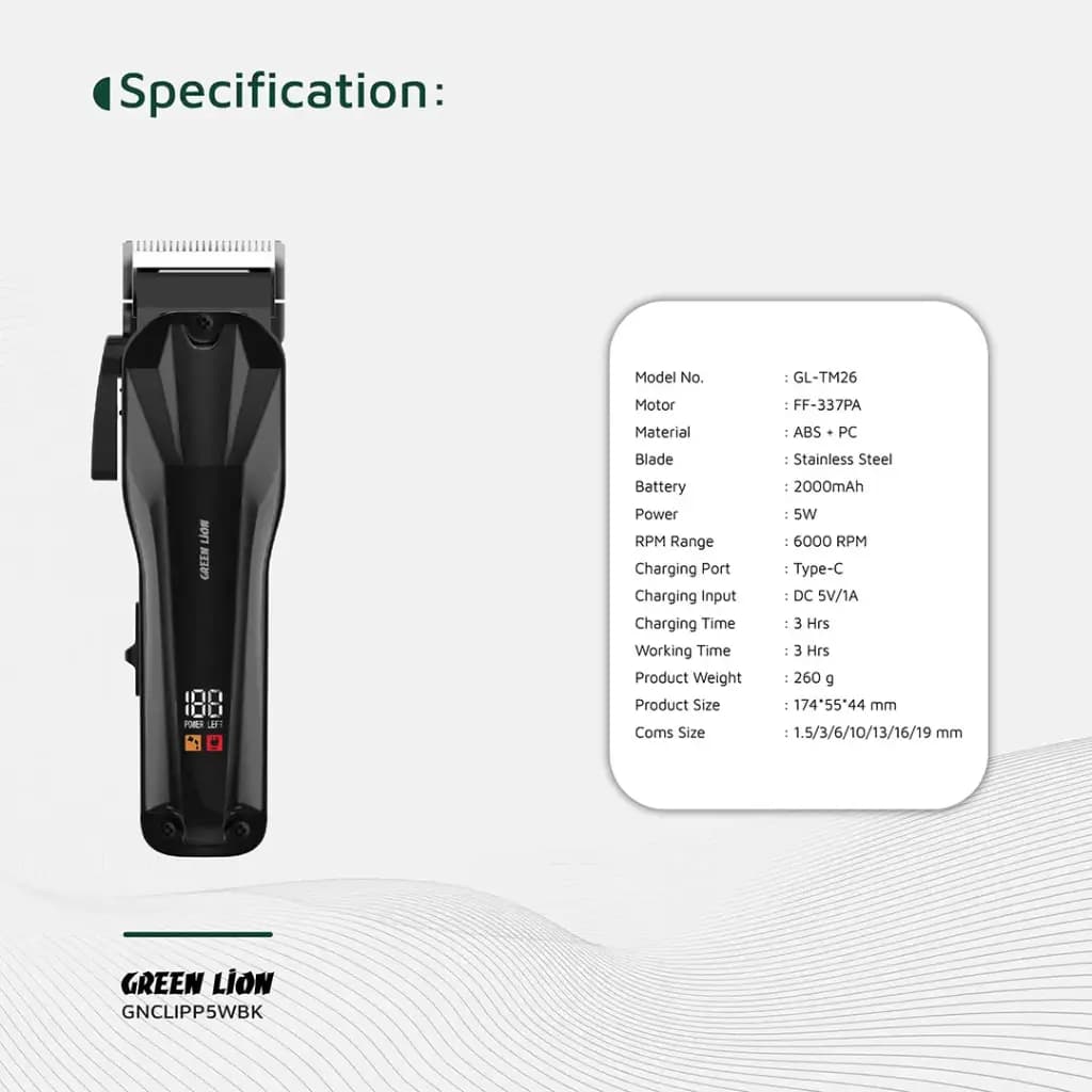 جدول مشخصات فنی Clip Pro با مدل GL-TM26، وزن ۲۶۰ گرم و ابعاد ۱۷۴ × ۵۵ × ۴۴ میلی‌متر