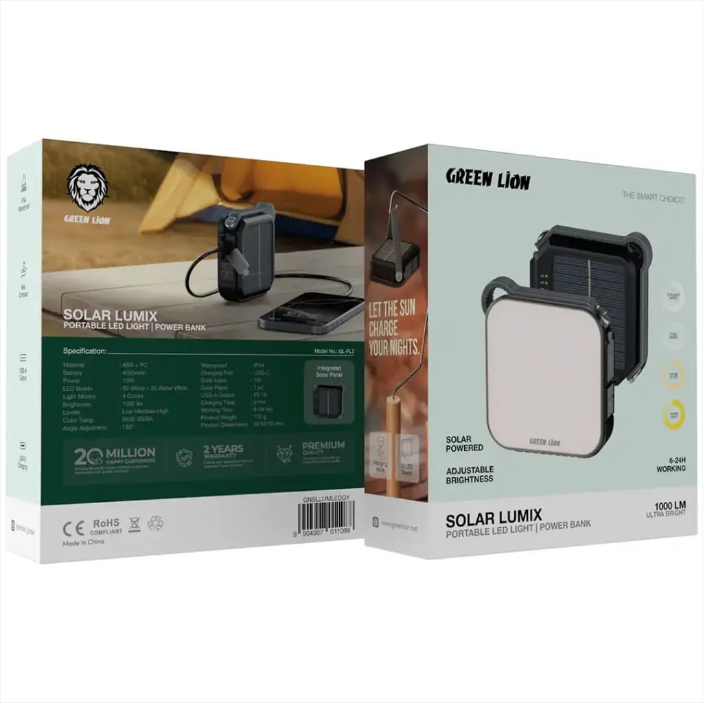 جعبه خرده‌فروشی Solar Lumix از دو نما؛ جدول مشخصات روی وجه پشتی با وزن ۱۷۲ گرم، باتری ۴۰۰۰ میلی‌آمپرساعت، ۵۰ عدد LED، ۱۰۰۰ لومن، IPX4 و کد Model No. GL-FL7