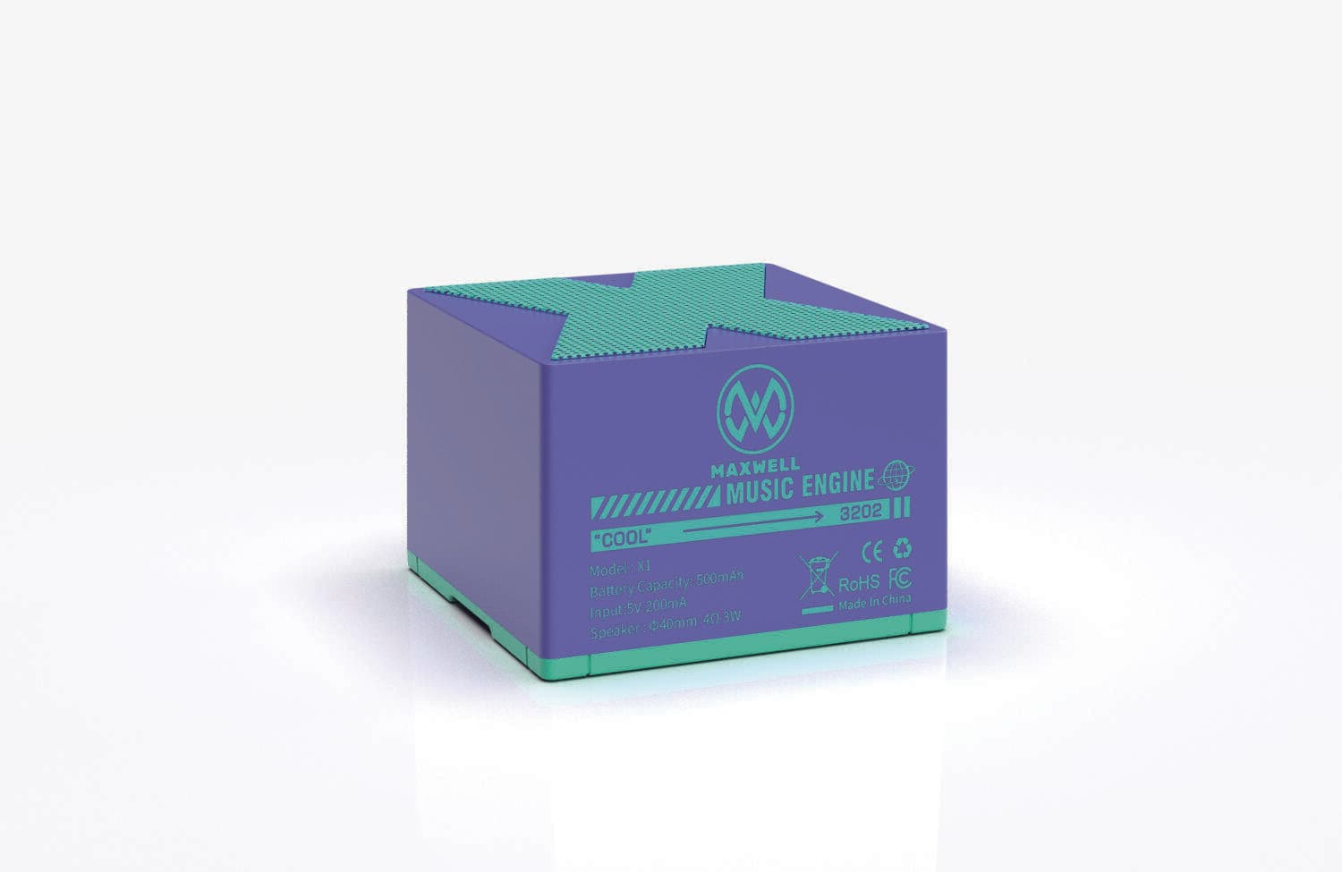 مینی اسپیکر مکسول SonicBox بنفش با گریل ضربدری سبز روی سطح بالایی و لوگوی Music Engine روی بدنه