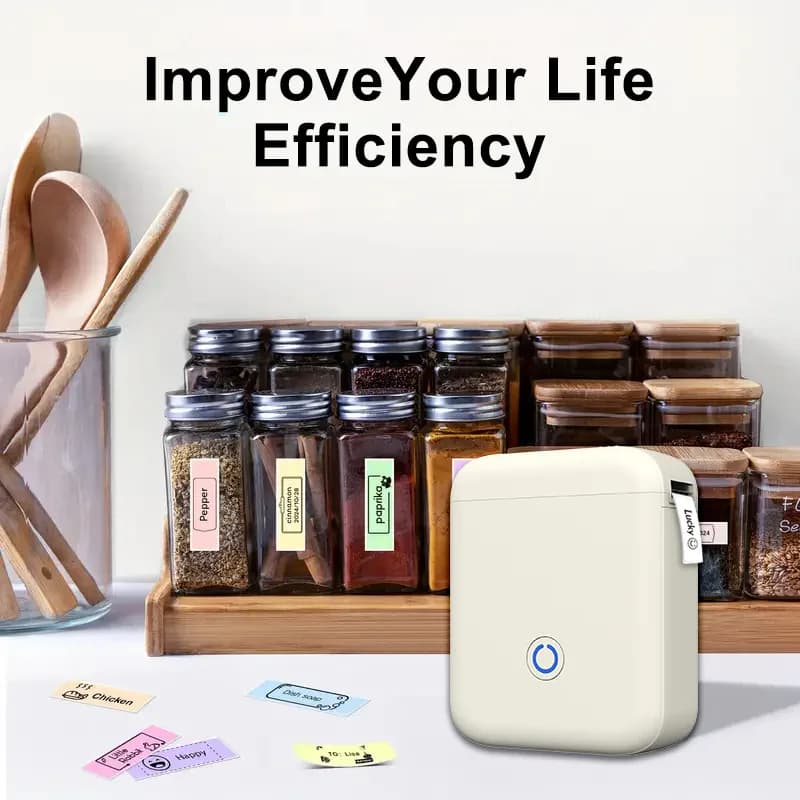 برچسب‌گذاری شیشه‌های ادویه روی رک آشپزخانه با لیبل‌های چاپ‌شده؛ دستگاه نمایش‌داده‌شده به رنگ کرم است که عرضه نمی‌شود