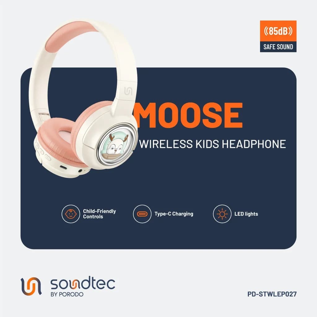 پوستر معرفی هدفون Moose با نشان ۸۵ دسی‌بل، کنترل مناسب کودک، شارژ Type-C و چراغ LED