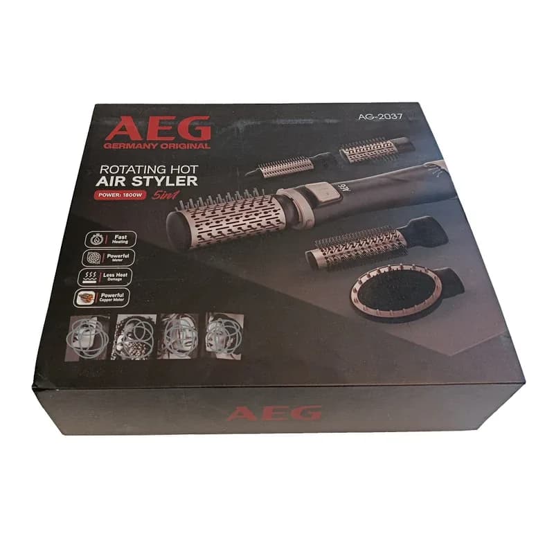 بسته‌بندی دربسته سشوار چرخشی AEG مدل AG-2037 با تصویر محصول روی جعبه