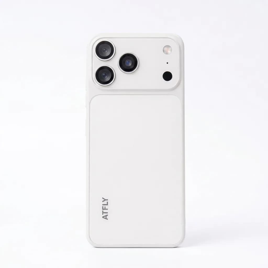 نمای پشت گوشی طرح اپل ATFLY 18 Pro Max سفید با ماژول دوربین هم‌رنگ بدنه و فلش، روی زمینه سفید