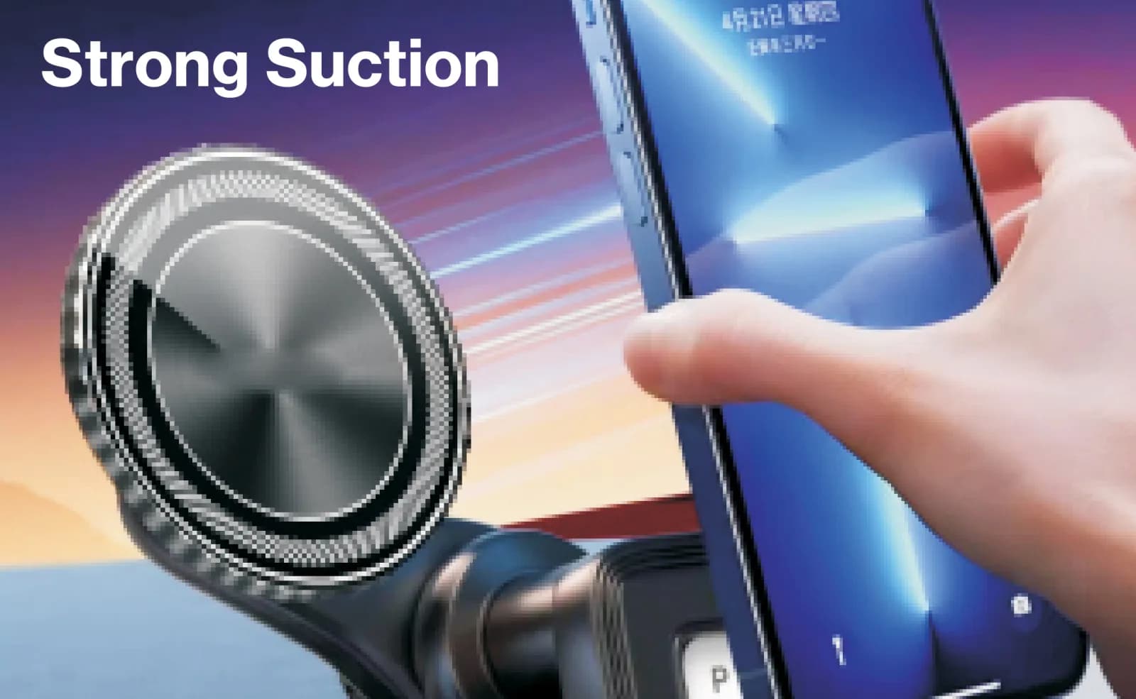 قرار دادن گوشی روی صفحه گرد نگهدارنده هولدر با یک دست، همراه با عبارت Strong Suction روی تصویر