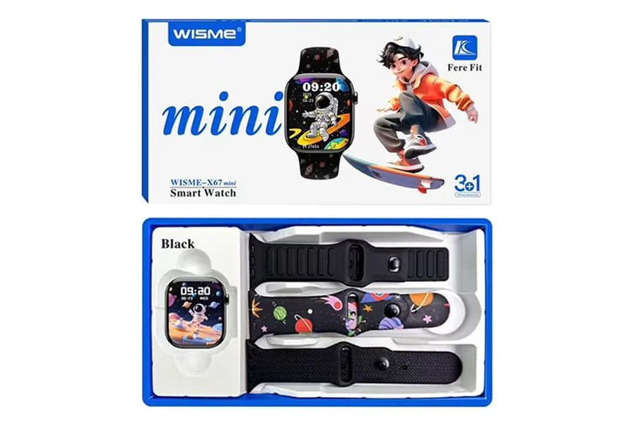 جعبه و تری باز ساعت هوشمند WISME X67 Mini در رنگ مشکی به همراه بندهای سیلیکونی ساده و طرح‌دار