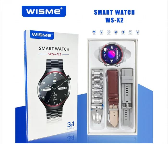 بسته‌بندی باز شده اسمارت واچ WS-X2 با نمایش ساعت و بندهای فلزی، چرمی و سیلیکونی داخل جعبه