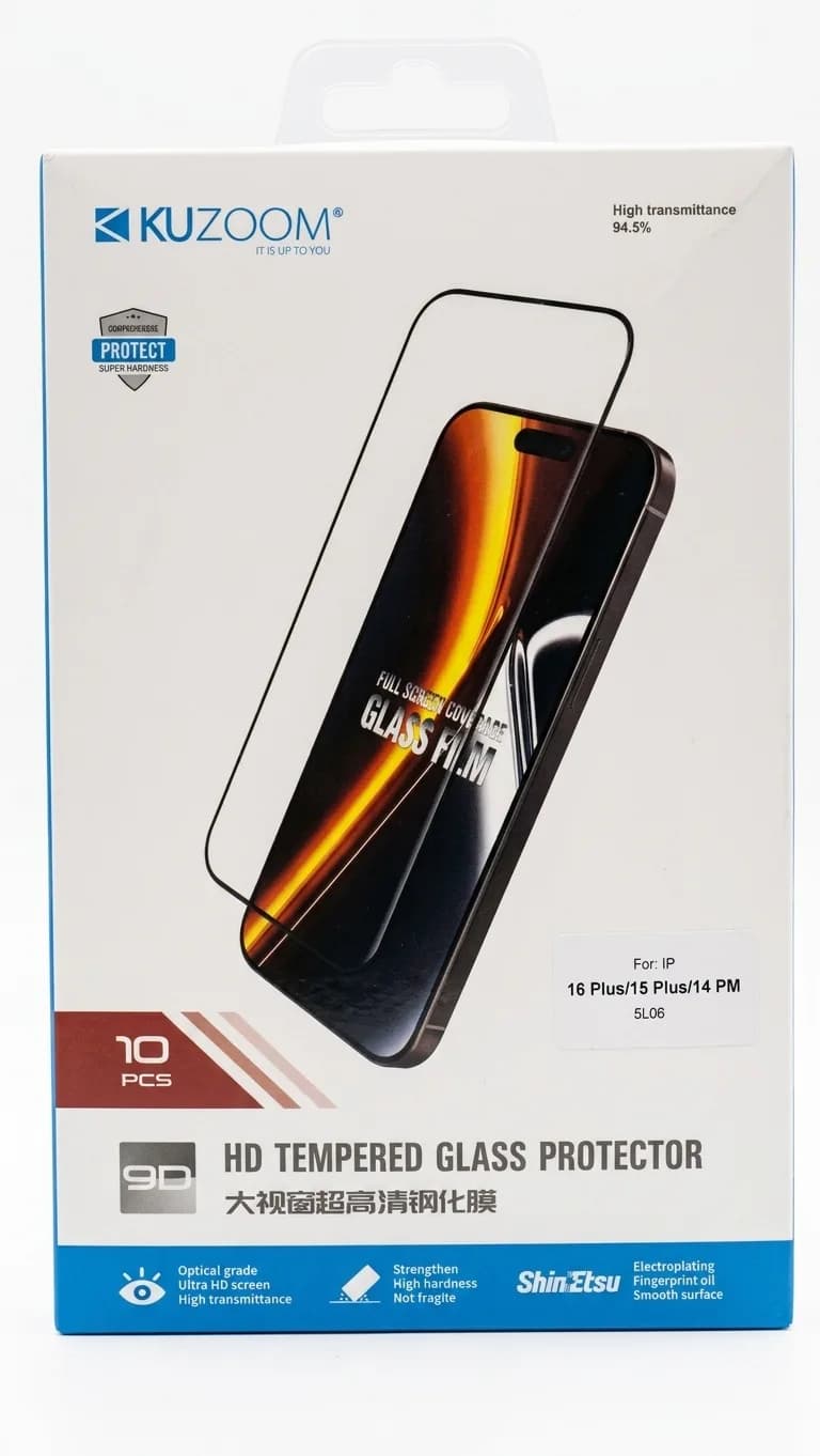 گلس KUZOOM مدل 5L06 | شیشه ۹D مخصوص iPhone 16 Plus، 15 Plus و 14 Pro Max