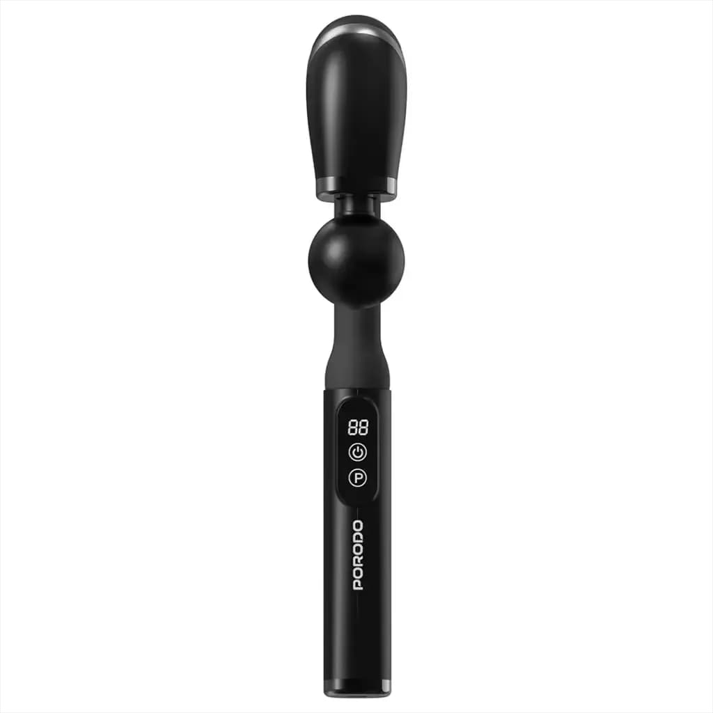 نمای روبه‌روی ماساژور Porodo U-Shaped با سری گرد (Round)، نمایشگر LCD و لوگوی PORODO روی دسته