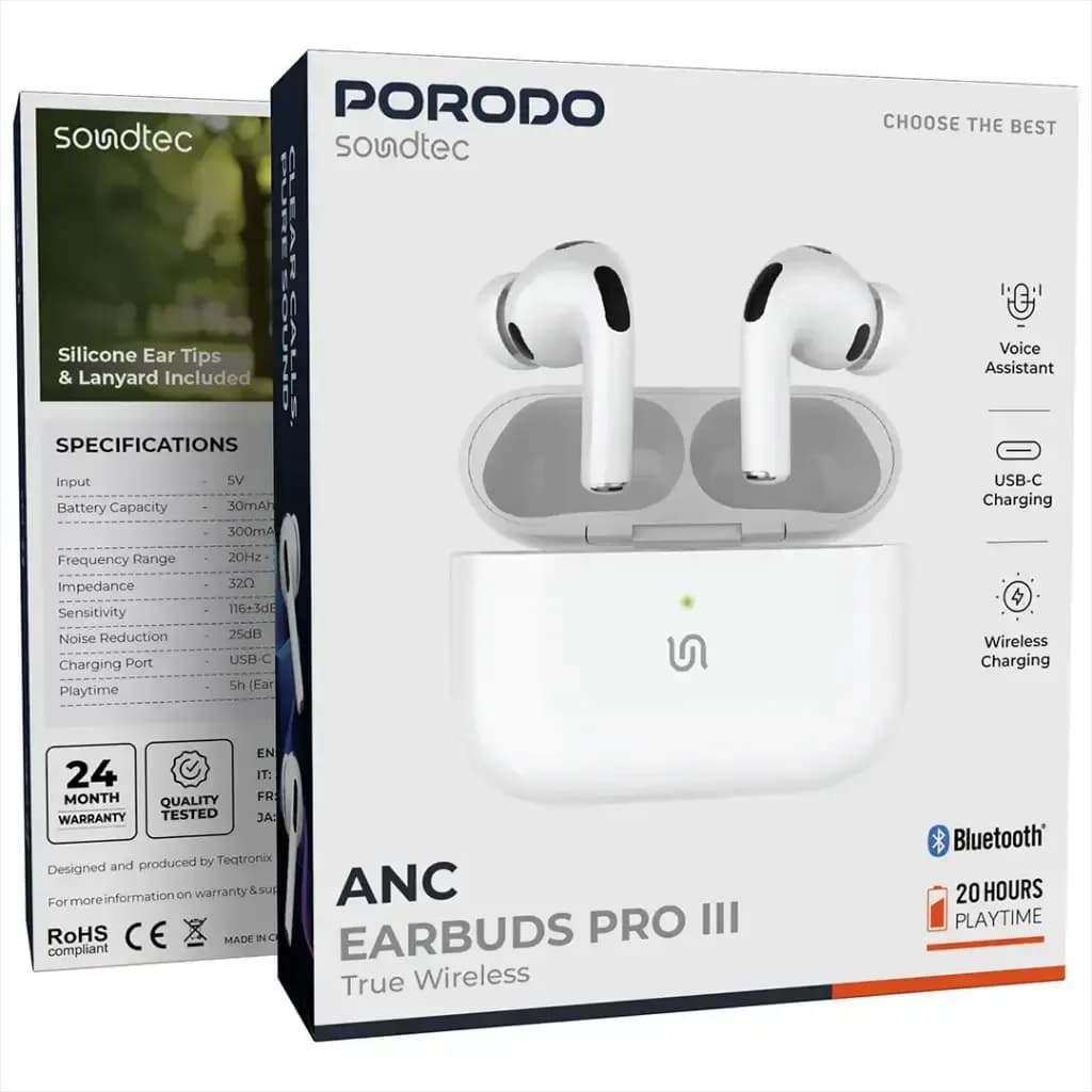 طراحی ارگونومیک ایرباد Porodo Soundtec ANC Pro III سفید