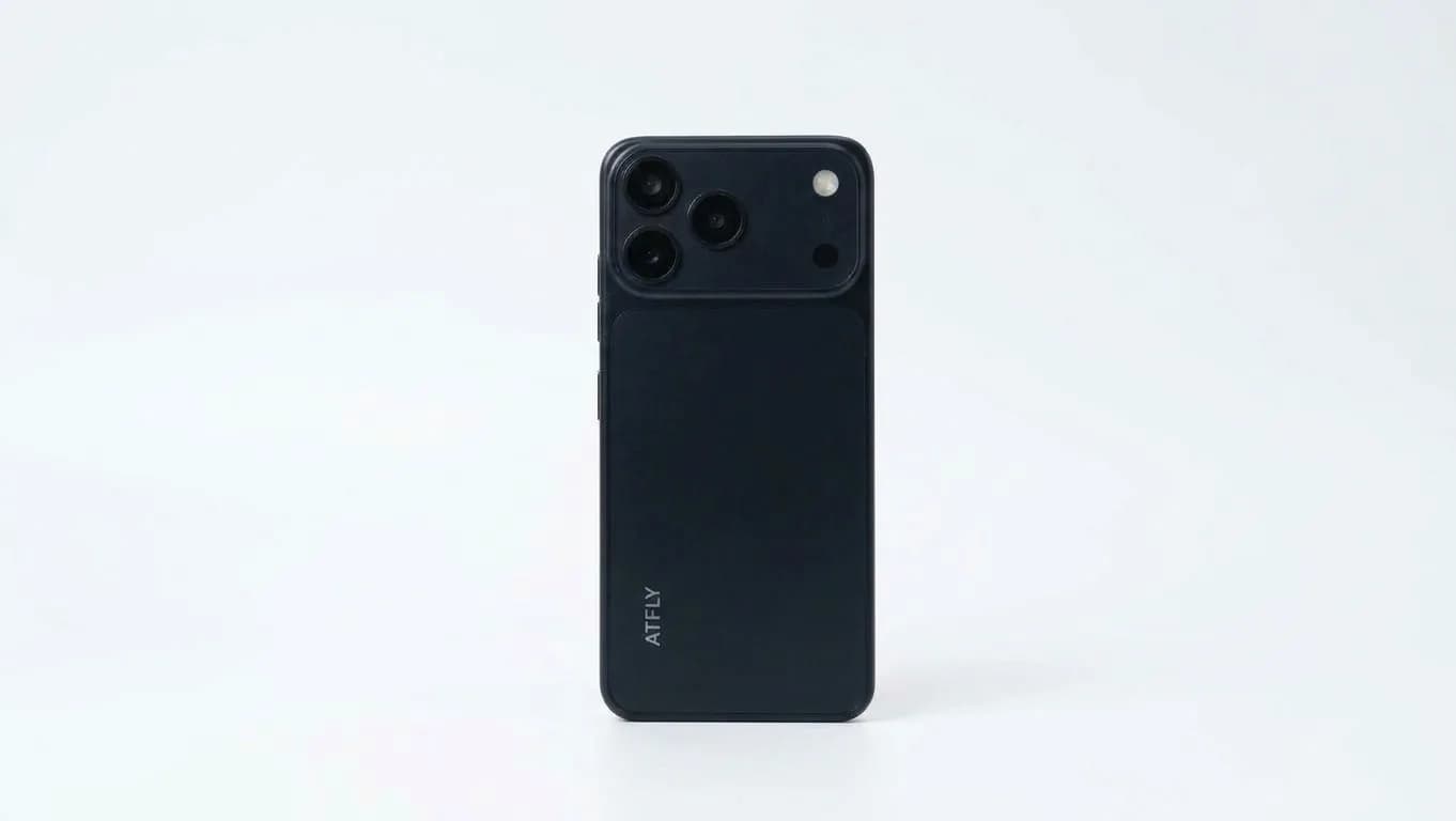 نمای پشت گوشی طرح اپل iphone 18 pro max مدل ATFLY آبی تیره با ماژول دوربین مربعی و نوشته ATFLY، روی زمینه روشن