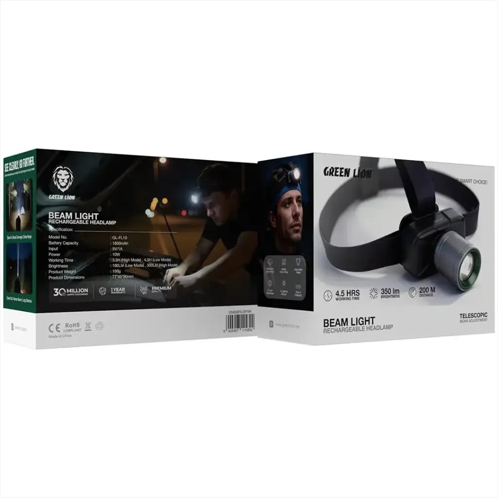 چراغ پیشانی شارژی Green Lion Beam Light مدل GNBMRLMPBK رنگ مشکی