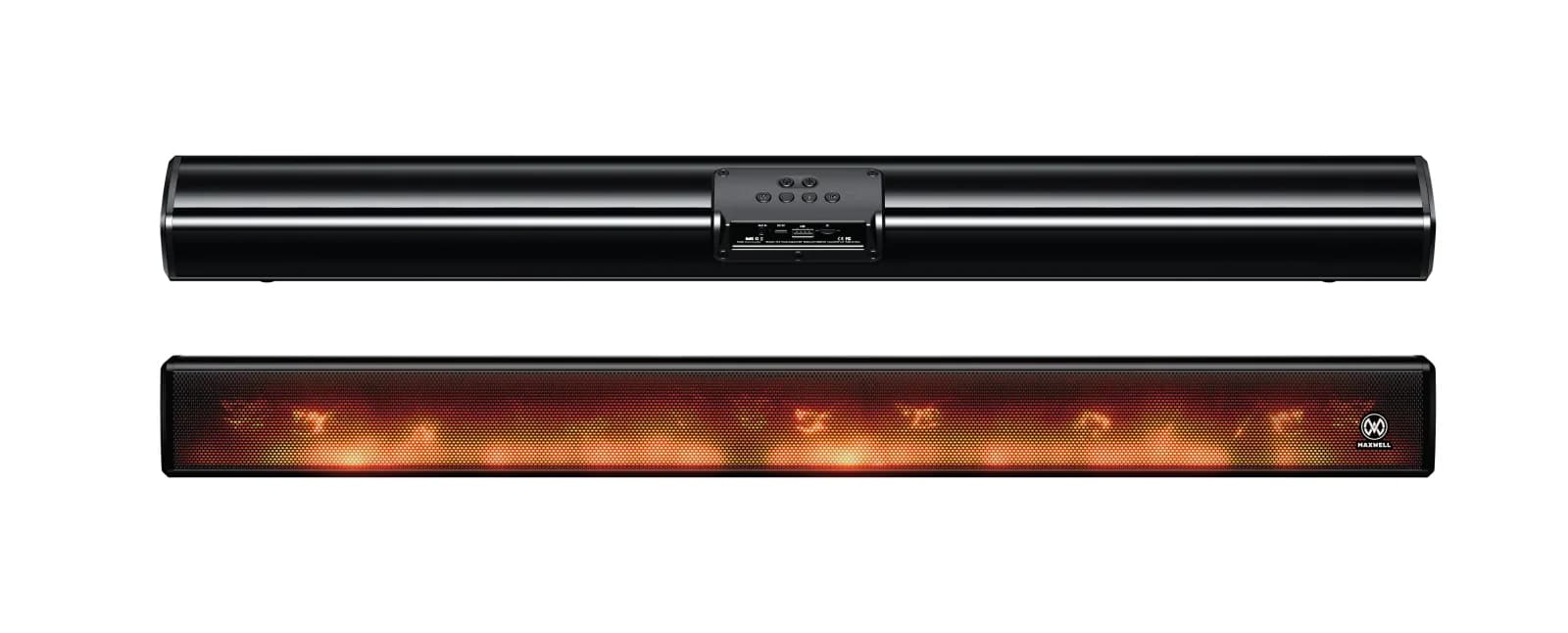 نمای جلو و پشت ساندبار Inferno Soundbar کنار هم؛ پنل کنترل و درگاه‌ها در تصویر بالا دیده می‌شود
