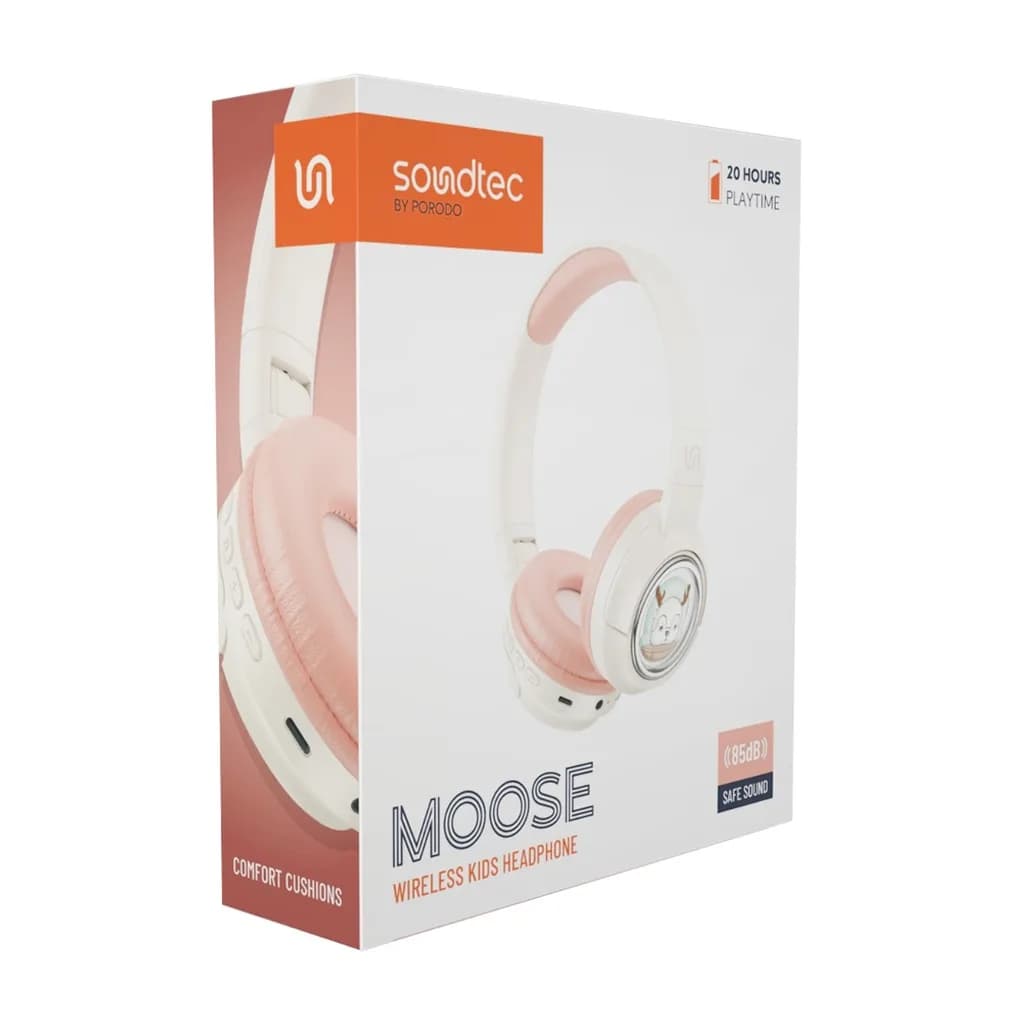 جعبه هدفون کودک Soundtec Moose با تصویر محصول صورتی و کرمی روی بسته‌بندی