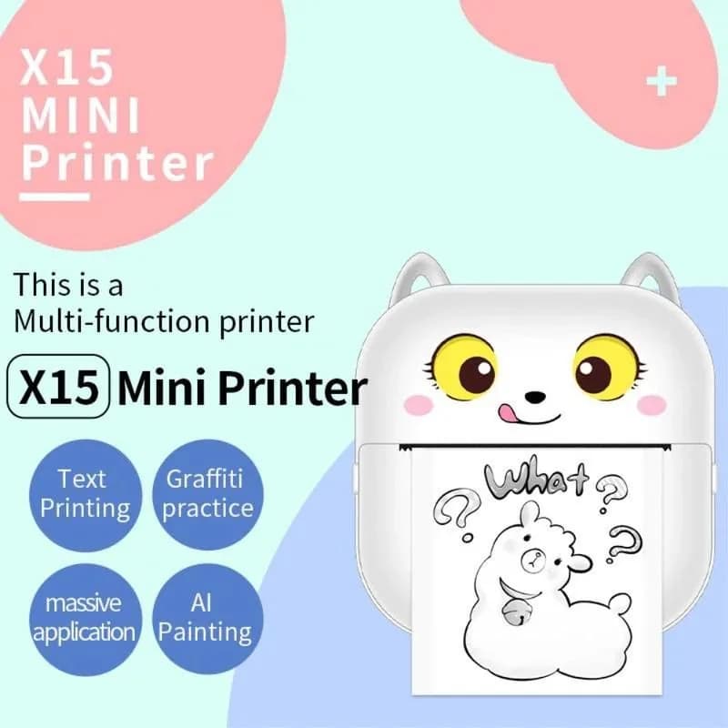 پوستر معرفی X15 Mini Printer با نمونه چاپ طرح نقاشی کودکانه روی کاغذ حرارتی، همراه نام مدل روی بدنه