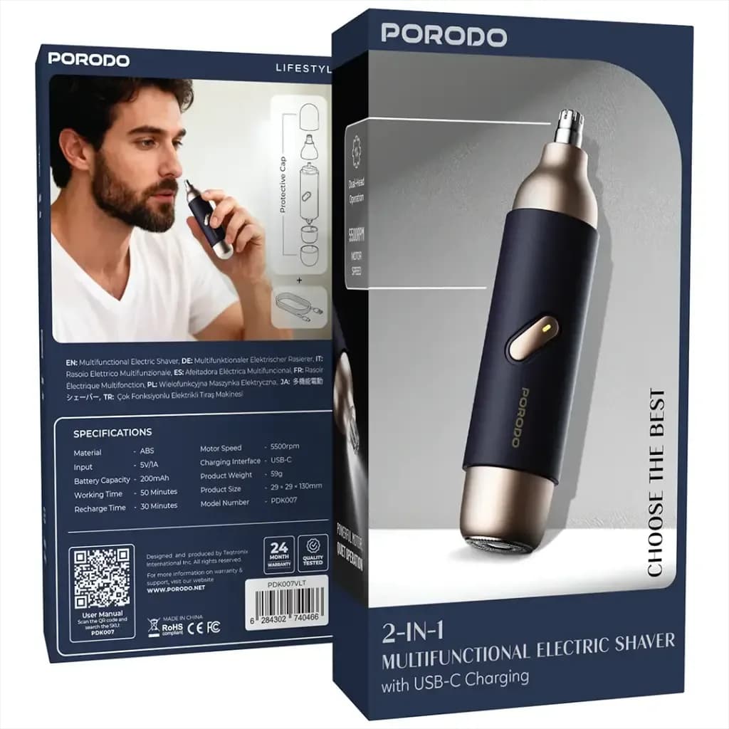 محتویات بسته ماشین اصلاح برقی ۲ در ۱ Porodo