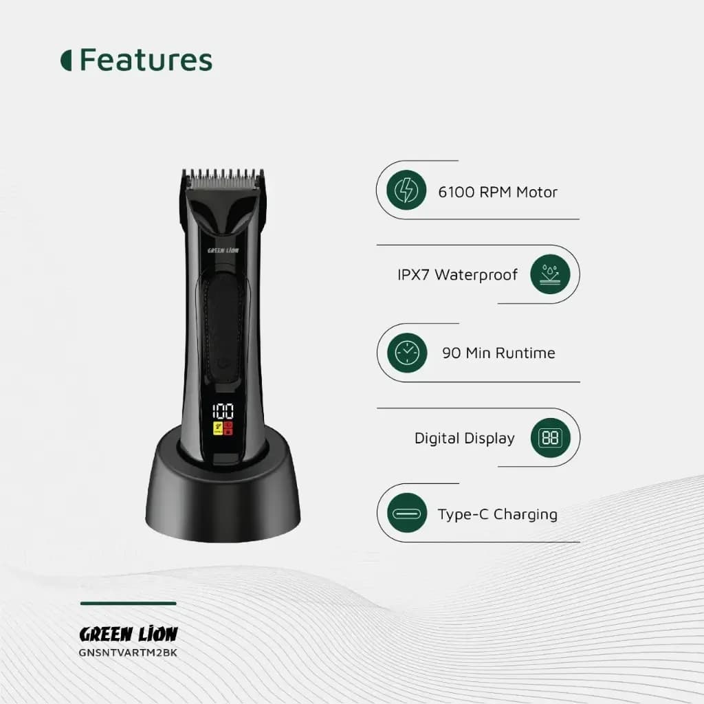 فهرست ویژگی‌های ماشین اصلاح Sensitive Area Trimmer 2 شامل موتور ۶۱۰۰ دور، ضدآب IPX7، ۹۰ دقیقه کارکرد، نمایشگر دیجیتال و شارژ Type-C
