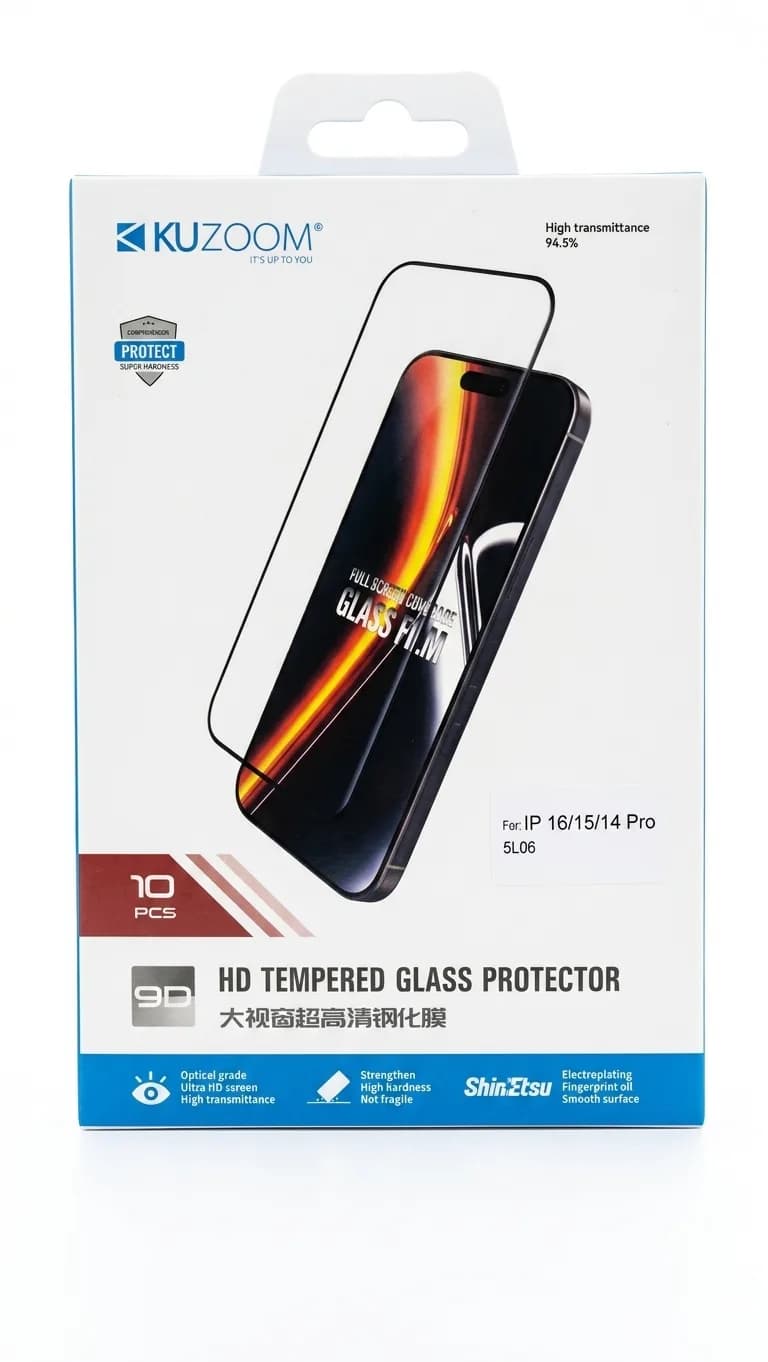 جعبه گلس KUZOOM مدل 5L06 روی پس‌زمینه سفید؛ روی جعبه ساختار ۹D، عنوان HD Tempered Glass Protector، عبور نور ۹۴٫۵ درصد و برچسب سازگاری For: IP 16/15/14 Pro چاپ شده است