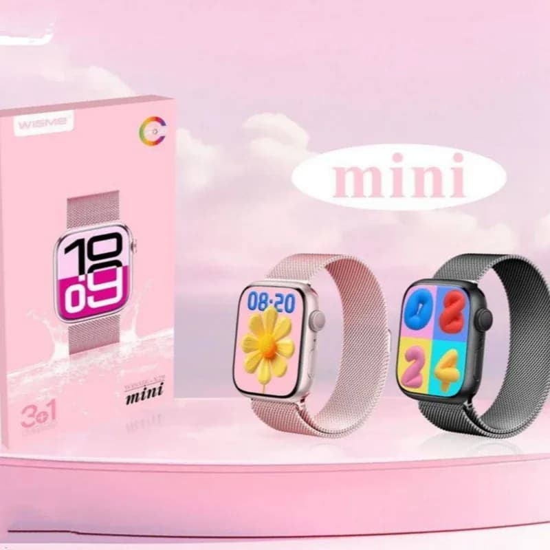 چیدمان نمایشی ساعت هوشمند X29 Mini با بند حصیری فلزی در دو رنگ رزگلد و مشکی کنار جعبه
