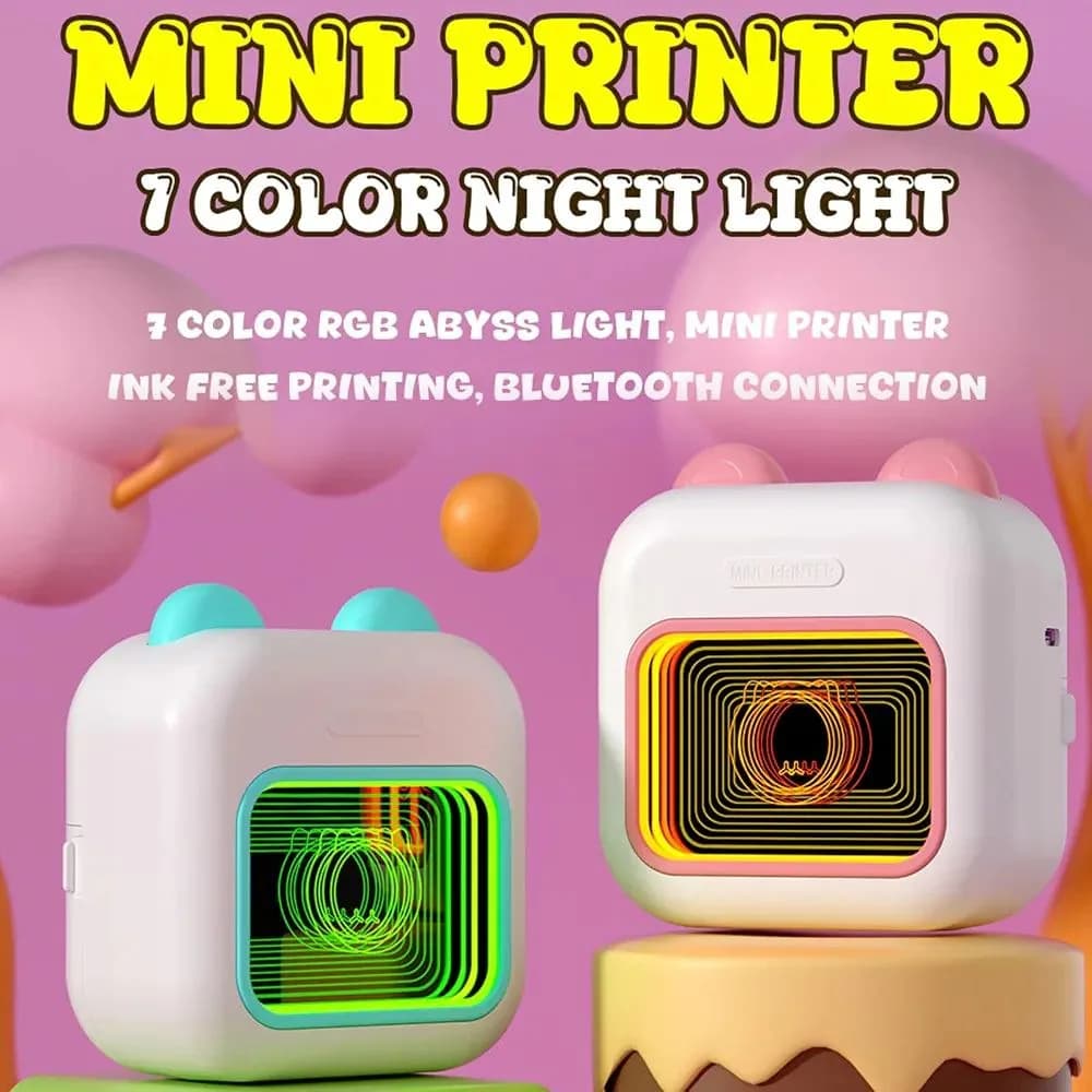 پوستر معرفی مینی پرینتر m10 با نمایش نور RGB چندرنگ روی پنل جلوی دستگاه