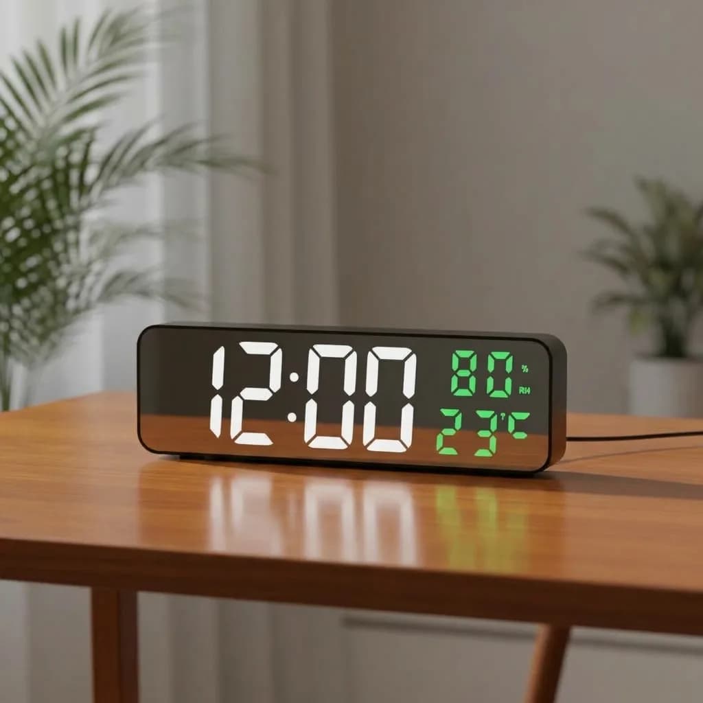 ساعت دیجیتال 723 روی میز چوبی کنار گلدان، با کابل برق از پشت دستگاه و بازتاب نور صفحه روی سطح میز