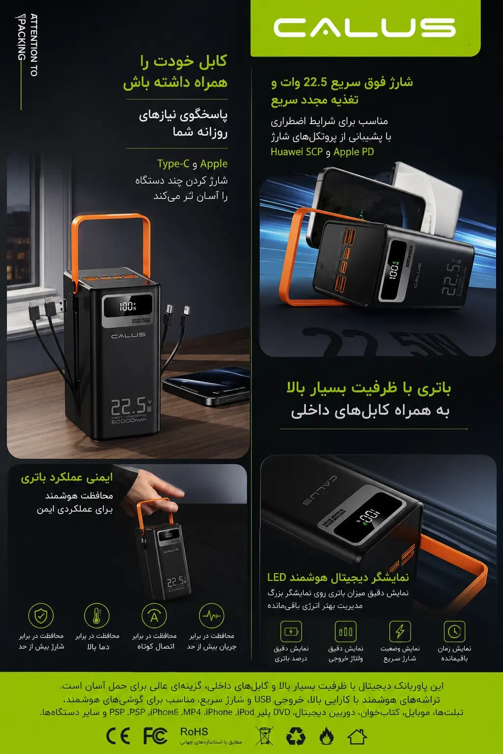 پاوربانک Calus ظرفیت 60000mAh | شارژ سریع 22.5 وات کالوس — نمای ۲