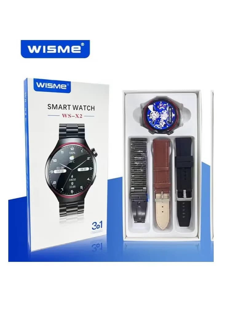 جعبه ساعت هوشمند ویسمی WS-X2 در کنار تری باز شده محصول با واچ‌فیس رنگی روی نمایشگر