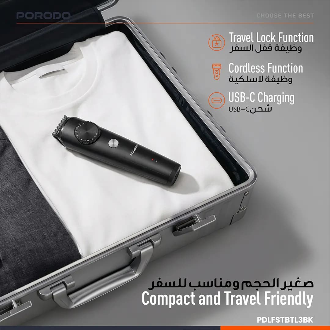 ماشین اصلاح Kron داخل چمدان باز کنار لباس، با اشاره به قفل مسافرتی، کارکرد بی‌سیم و شارژ USB-C