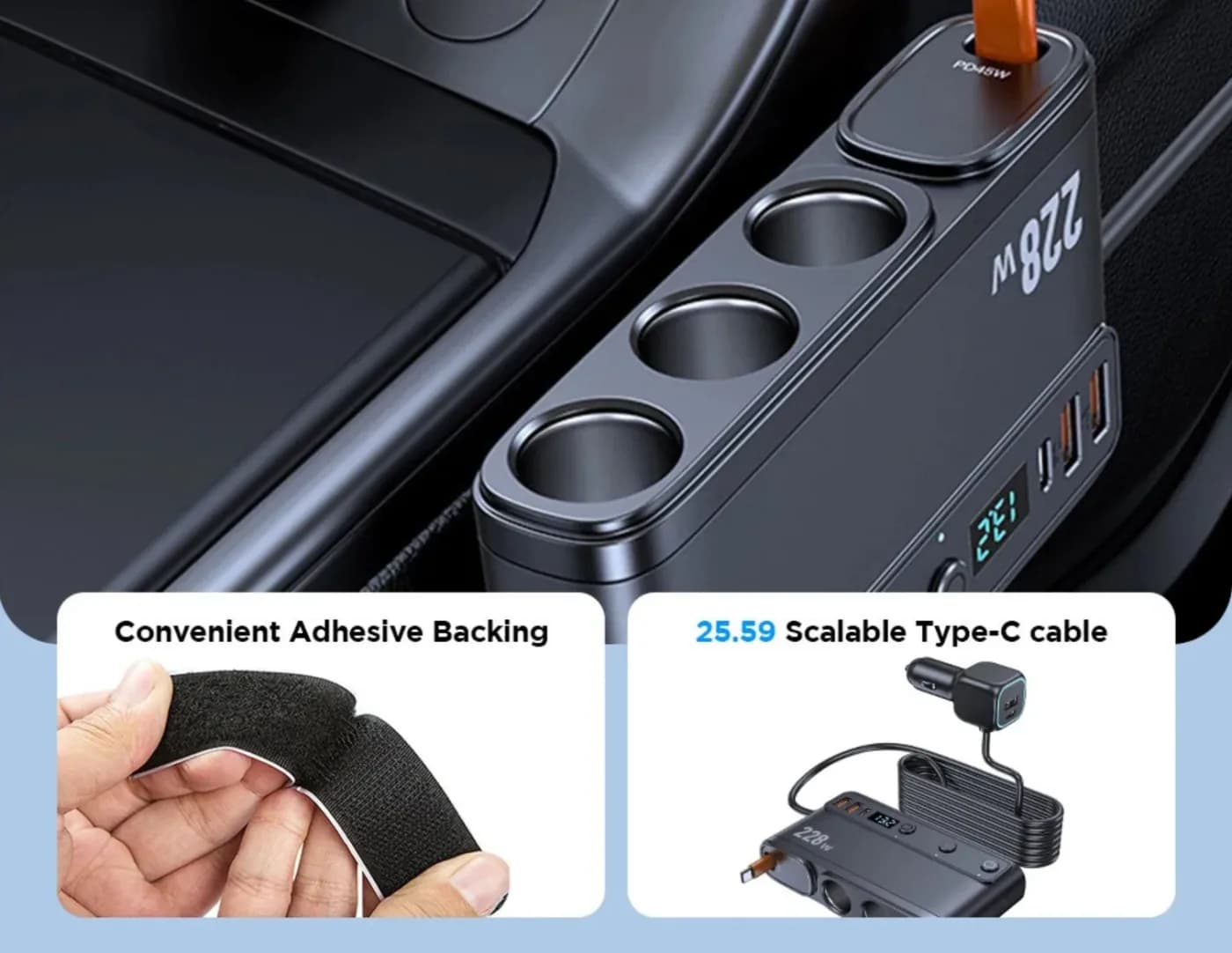 نصب شارژر فندکی C35L کنار کنسول خودرو با پشت‌چسب نواری و کابل Type-C جمع‌شونده