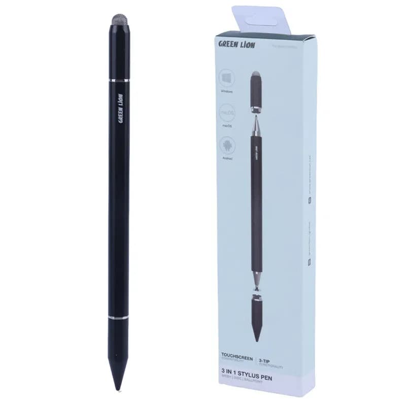 قلم GL-PEN7 در کنار جعبه خرده‌فروشی Green Lion؛ روی جعبه عنوان 3 IN 1 STYLUS PEN با نوک‌های MESH و DISC و BALLPOINT و آیکن‌های Windows و macOS و Android دیده می‌شود