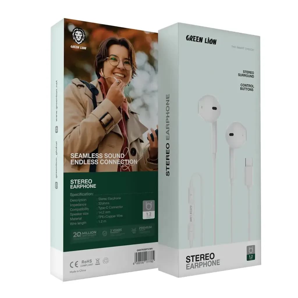 بسته‌بندی هندزفری Green Lion Stereo Earphones با تصویر محصول و درج مشخصات درایور ۱۴.۲ میلی‌متری و امپدانس ۳۲ اهم