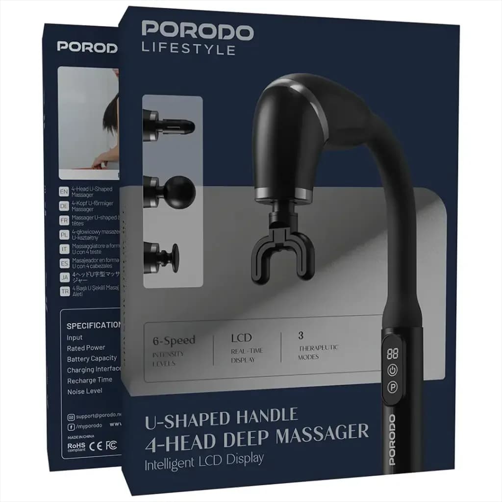 جعبه سرمه‌ای ماساژور Porodo Lifestyle U-Shaped Handle 4-Head Deep Massager با تصویر دستگاه و سری‌های ماساژ