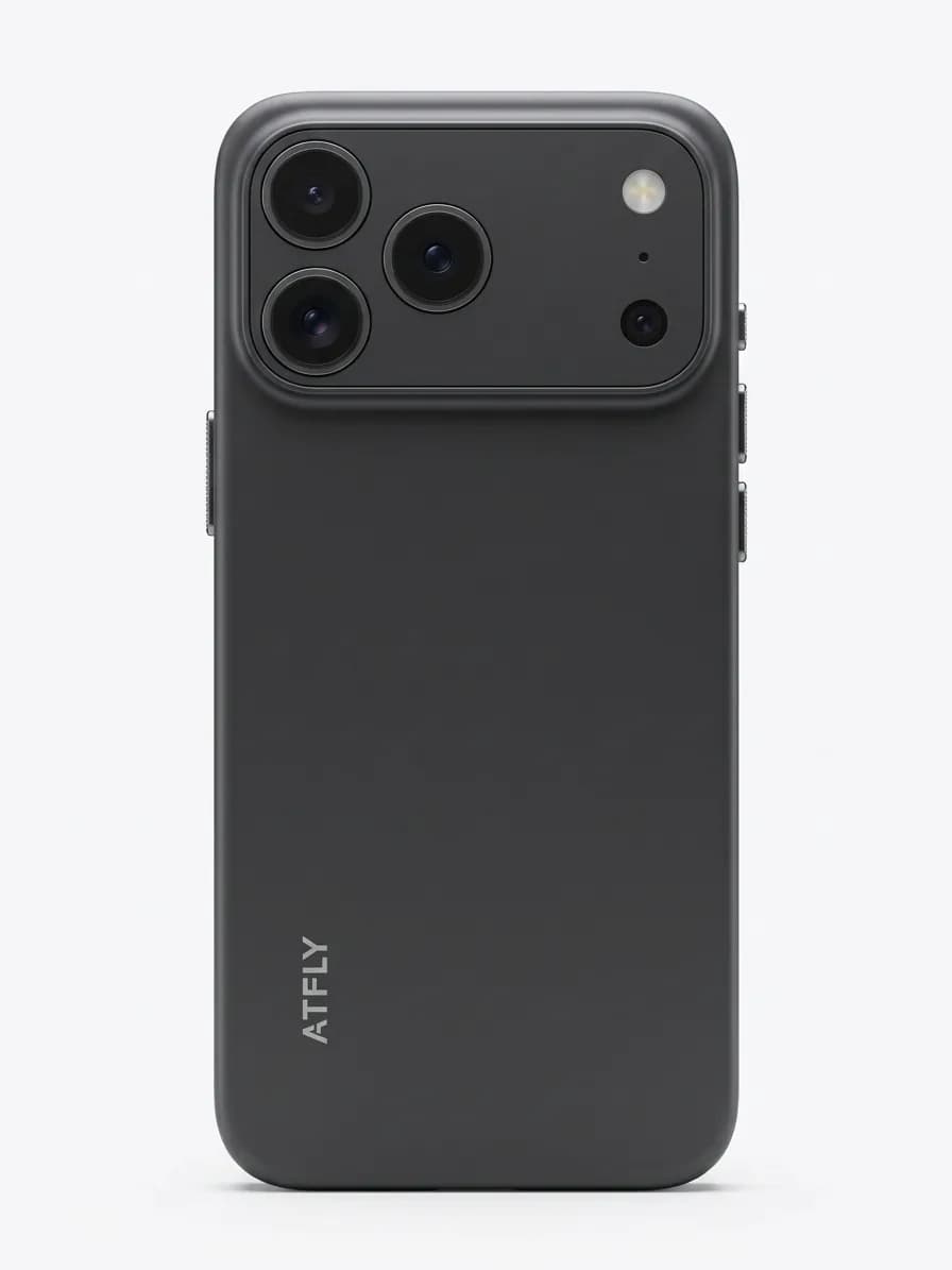 نمای پشت گوشی طرح اپل ATFLY 18 Pro Max در رنگ تیره زغالی با ماژول دوربین بزرگ و دکمه‌های کناری، تصویر نمایشی