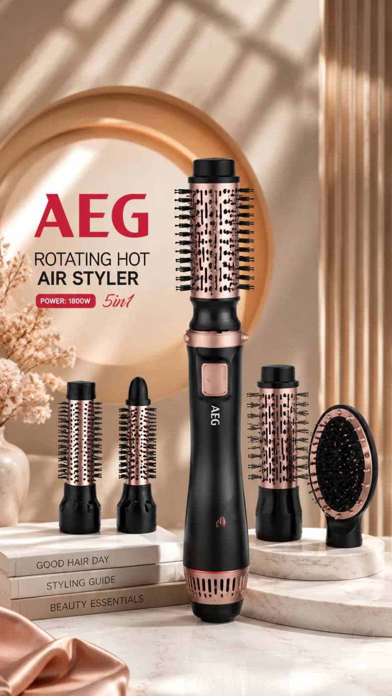 تصویر تبلیغاتی سشوار چرخشی AEG AG-2037 و پنج سری آن روی میز سنگی، با درج «ROTATING HOT AIR STYLER»، توان ۱۸۰۰ وات و نشان ۵ کاره روی تصویر
