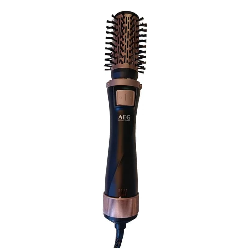 بدنه مشکی سشوار چرخشی AEG AG-2037 با سری برس چرخشی نصب‌شده و کلید کنترل چرخش