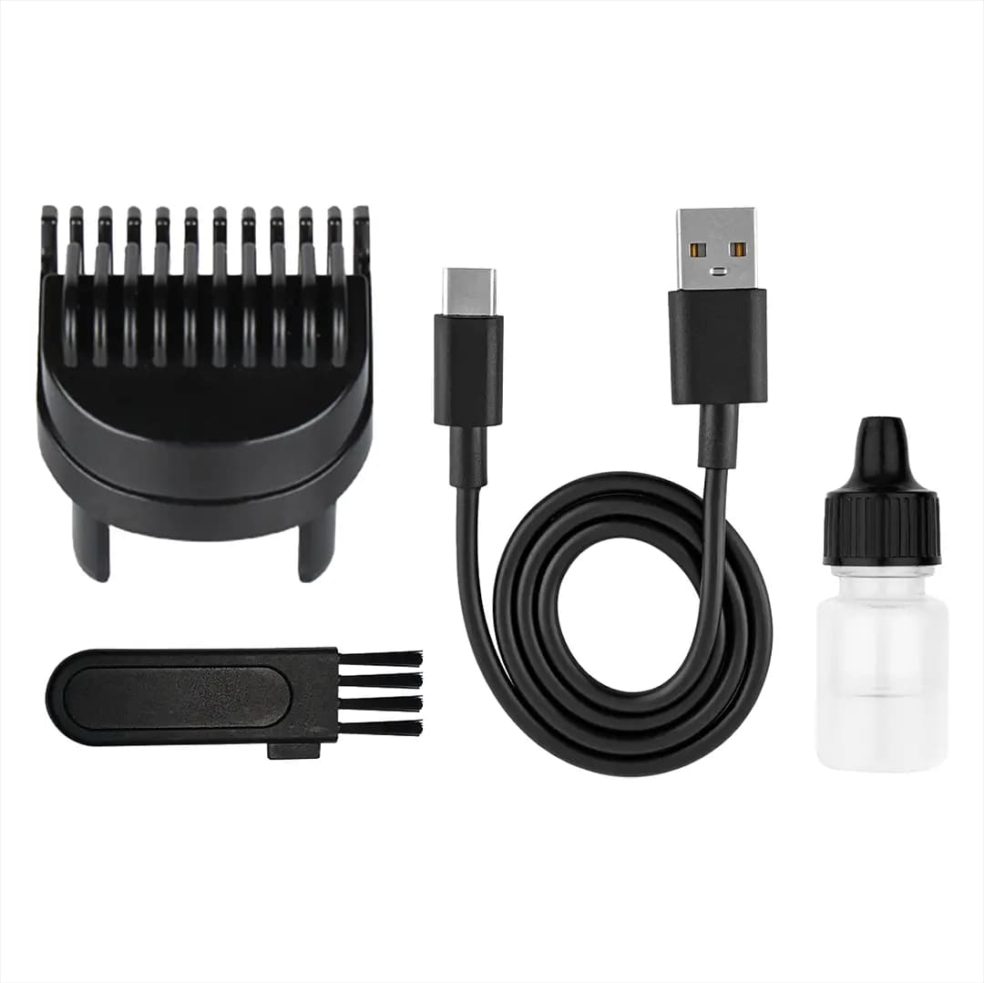 اقلام همراه ماشین اصلاح Kron شامل شانه جداشونده، برس تمیزکننده، کابل USB-A به USB-C و شیشه روغن تیغه